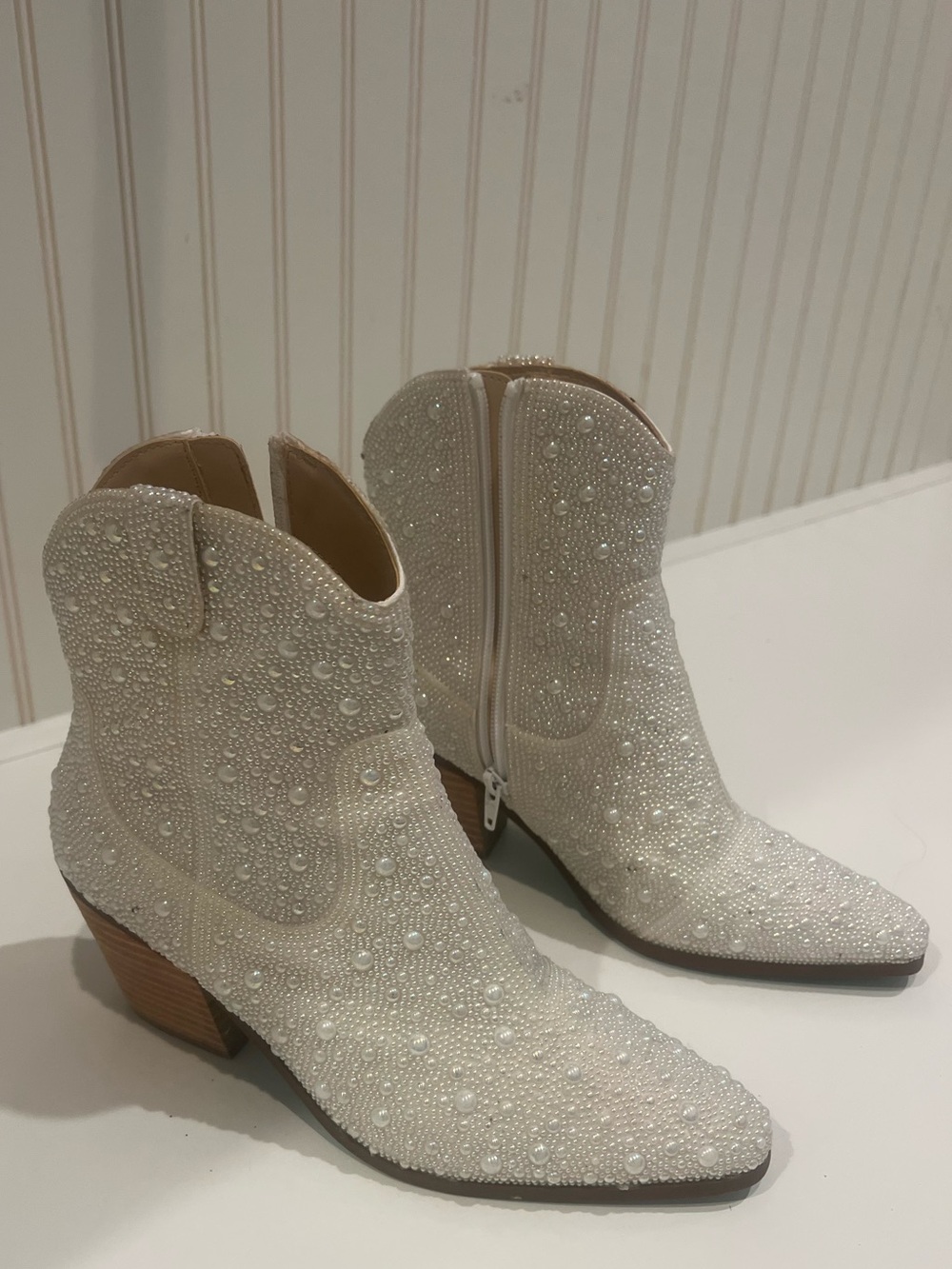 Women's Ivory Pearl-Embellished Western Ankle Boots